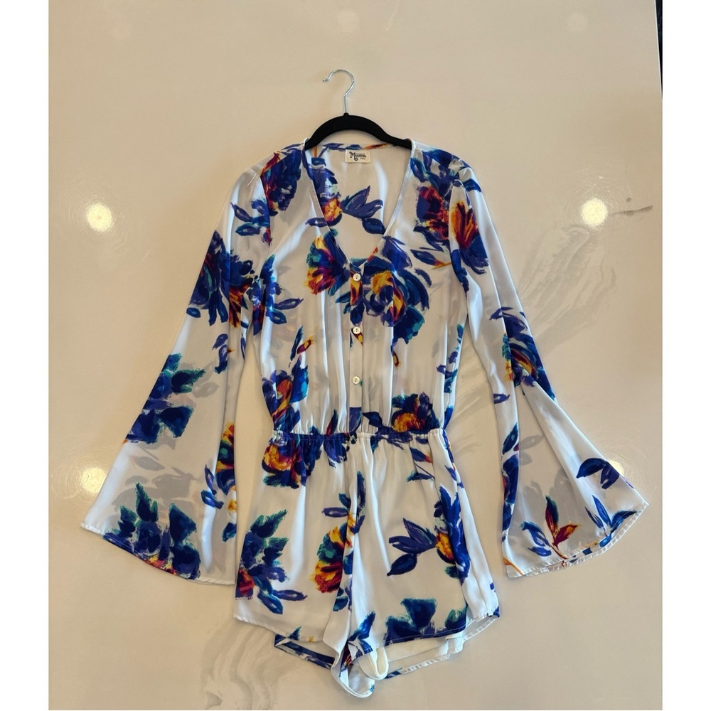 Floral Long Sleeve Romper - White and Blue